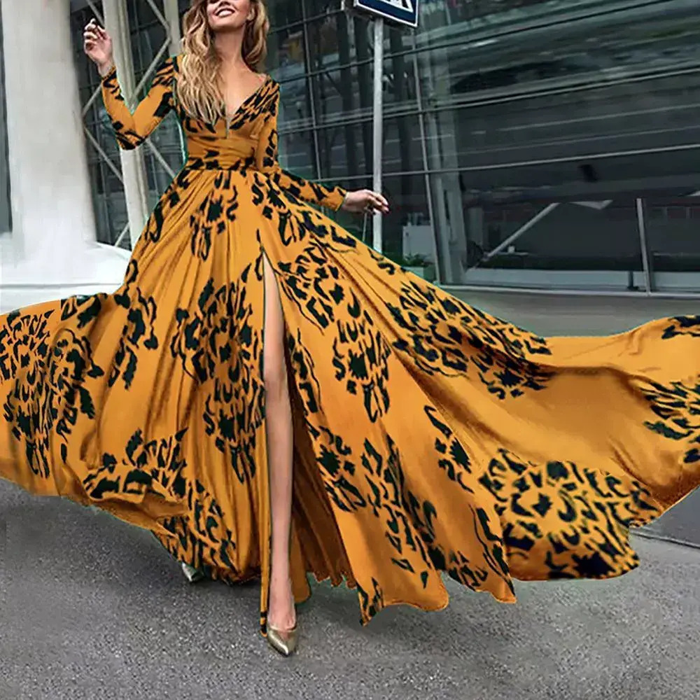 ZARA V Neck Long Sleeve Printed Flared Maxi Dress